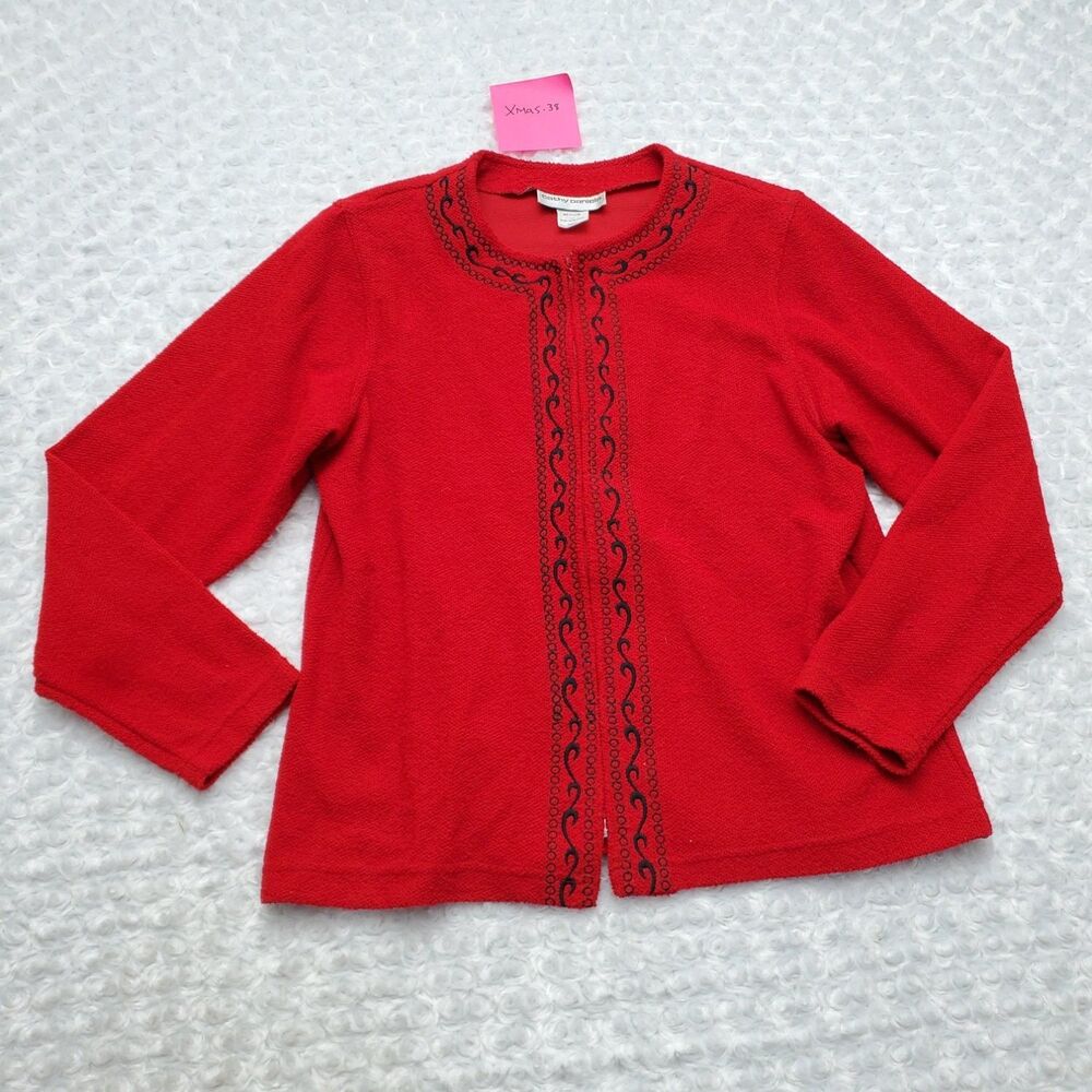 Cathy Daniels Women's Cardigan Sweater Jacket Medium Red Embroidered Zip Front